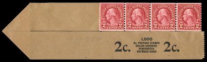 599A, 2c Carmine coil, Ty. II, perf. 10 vert., leader strip of four, with the full leader showing including the imprint, o.g., second stamp n.h., fine-very fine a very rare
coil leader, especially with the complete leader still attached 2001 P