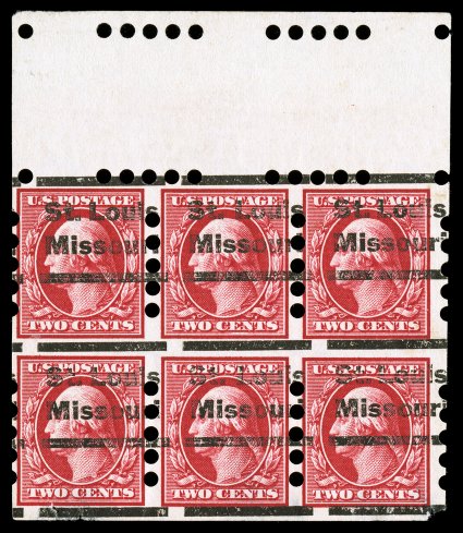 343409, St. Louis precancels on Mailometer coil stamps, an interesting lot containing a total of 48 stamps, comprised of twelve singles, nine pairs (one a paste-up), three line
pairs, one line strip of four, and a sheet margin block of six, the