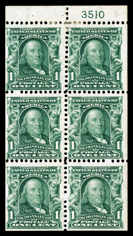 300b, 1c Blue green booklet pane of six, with plate no. 3510 in tab selvage, strong rich color, o.g., h.r., fine a particularly scarce booklet pane with the plate
number.