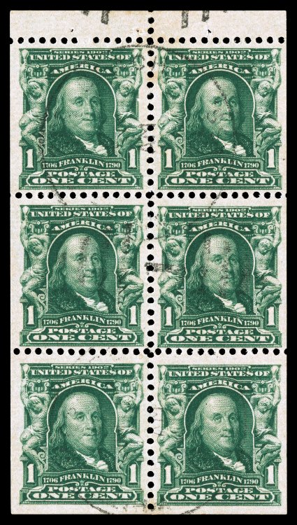 300b, 1c Blue green booklet pane of six, position A, a marvelous and incredibly rare used example, being one of only two used One Cent 1902 booklet panes to be certified by the
Philatelic Foundation, unusually well centered, deep intense col