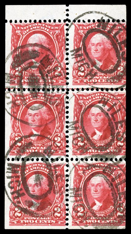 301c, 2c Carmine booklet pane of six, position M with guide line at top, a rarely seen used example, vibrant color, oval Willes, Michigan cancels, fine 1999 PF
certificate.