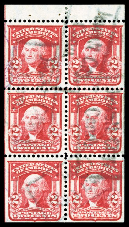 319g, 2c Carmine, booklet pane of six, another scarce position G, uncommonly well centered, Jewett City, Conn. boxed cancels, very fine 2003 PF certificate.