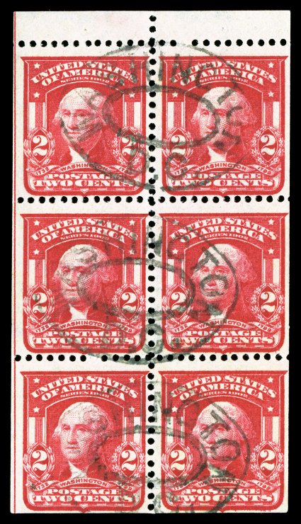 319g, 2c Carmine, booklet pane of six, position I (guide line at left), which occurs only once in the subject, deep intense color, Washington oval cancels,
fine.
