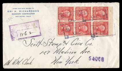 319g, 2c Carmine, booklet pane of six, position A, a complete pane (including the top sheet selvage tab) tied to a registered cover to New York, NY by multiple strikes of boxed
San MateoCal. postmarks, violet San Mateo, Cal.Nov 3, 1912 dou