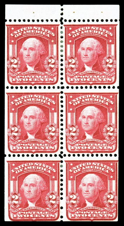 319g var., 2c Carmine, booklet pane of six, horizontal watermark, bright vibrant color, o.g., h.r., top left stamp with tiny thin speck, otherwise a fine-very fine example of
this rare booklet pane watermark variety.