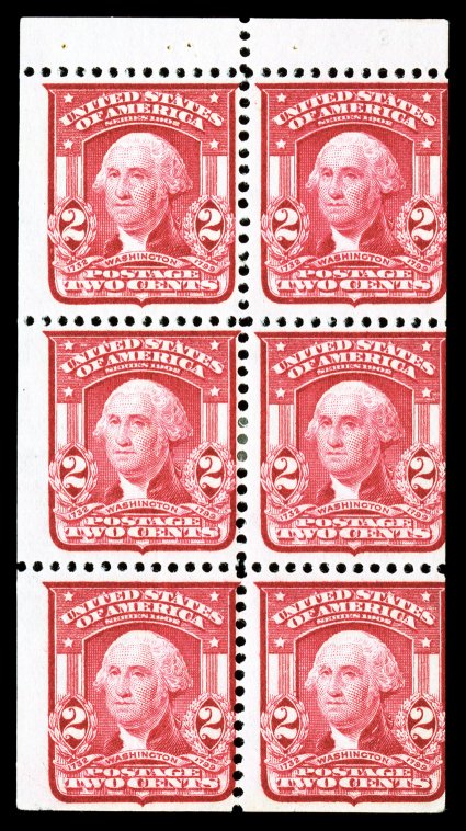 319g var., 2c Carmine, booklet pane of six, horizontal watermark, another copy of this rare booklet pane, attractive color, o.g., h.r., left stamp with mild vertical gum
wrinkle, fine.