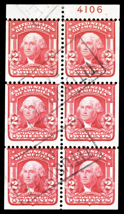 319p, 2c Scarlet, booklet pane of six, position D, with plate no. 4106 in tab selvage, bright color, light Titusville, Pa. boxed cancels, fine actually a very rare booklet pane
to find both used and with the plate number 2002 PF certificat