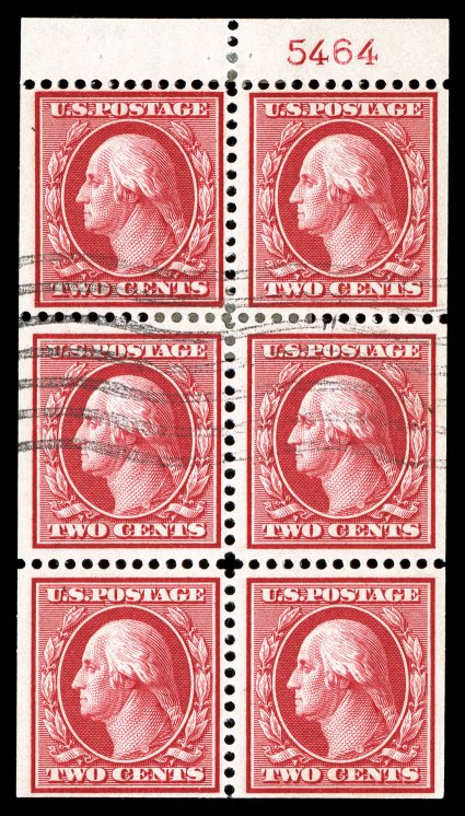 375a, 2c Carmine booklet pane of six, position D, with plate no. 5464 in the tab selvage, strong color, nicely centered, light cancel, a couple hinge reinforced perfs., very
fine Scott does not price the plate number used.