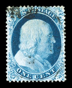 23, 1c Blue, Ty. IV, extraordinarily well centered, lovely rich color and a well incised impression on bright paper, light face-free cancel, extremely fine a terribly difficult
stamp to find in this premium used condition 1987 PF certificate.