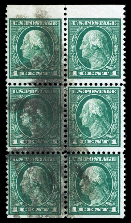 498f, 1c Green A.E.F. booklet pane, top margin block of six from the pane of thirty, rich color, bottom right stamp with small tear, fine with no complete used booklet panes
known, a block such as this is the only way for the used collector to