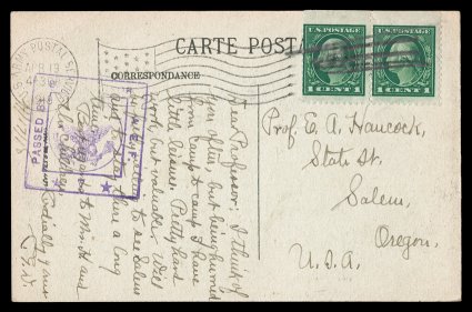 498f, 1c Green A.E.F. booklet pane, top margin horizontal pair from the pane of thirty, tied by pencil cancel on picture postcard to Salem, Oregon, U.S. Army Postal Service
flag postmark, magenta censor handstamp, card with trivial bend at top l