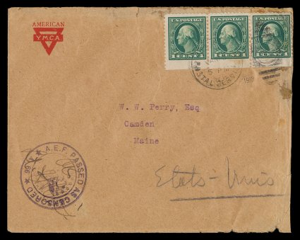498f, 1c Green A.E.F. booklet pane, bottom margin horizontal strip of three from the pane of thirty, tied by Jan. 13, 1918 A.P.O. 709 duplex cancel on Y.M.C.A. corner card
cover to Maine, proper censor marking at bottom left, right stamp with fa