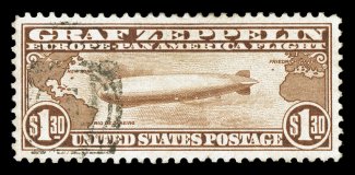 C14, $1.30 Graf Zeppelin, choice centering within large margins, rich color, unusually light cancel, extremely fine 1994 PF certificate.