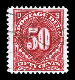 J50, 50c Deep claret, pristine single, with radiant rich color and an outstanding impression on fresh white paper, exceptionally well centered within extravagantly wide
margins, lightly cancelled, and extremely fine gem 1997 PF certificate.