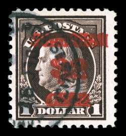 K16a, $2.00 on $1.00 Violet brown, double surcharge, well centered within considerably larger margins than nearly all other double surcharge errors, rich luxuriant color, neat
strike of a U.S. Postal Agency c.d.s., unlike most which have the les