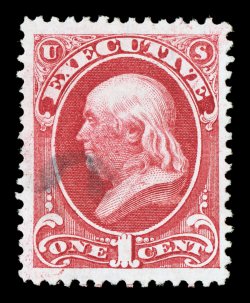 O10, 1c Executive, well centered within extravagantly large margins, rich vibrant color and a crisp impression, a particularly light and unobtrusive cancel, extremely fine any
used Executive Dept. stamp this well centered and margined is exceed