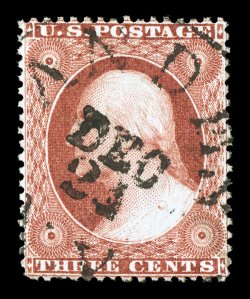 25, 3c Rose, Ty. I, uncommonly well centered, impressively rich color, town c.d.s. cancel, extremely fine 2001 PSE certificate.