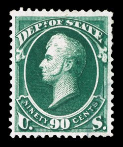 O67, 90c State, a marvelous used example that features several impressive qualities, including being uncharacteristically well centered within large margins, rich luxuriant
color and a razor-sharp impression on fresh paper, incredibly light and