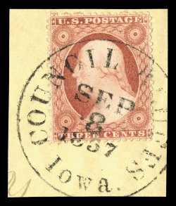 25A, 3c Rose, Ty. II, tied to yellow piece by neatly struck Council Bluffs, Iowa c.d.s. dated Sep 8, 1857, uncharacteristically well centered, rich color, fresh and extremely
fine.