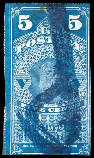 PR1, 5c Dark blue, blue brush stroke P cancel, clipped perfs. mostly at right and bottom, tear at top, still affixed to the original newspaper, fine appearance newspaper stamps
were generally affixed to wrappers, but when no wrappers were