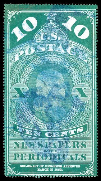 PR2, 10c Blue green, deeply rich color, light blue cancel, two tiny tears, a trivial thin speck and light horizontal crease, these flaws quite inconsequential when compared to
other examples, fine 2005 PF certificate.