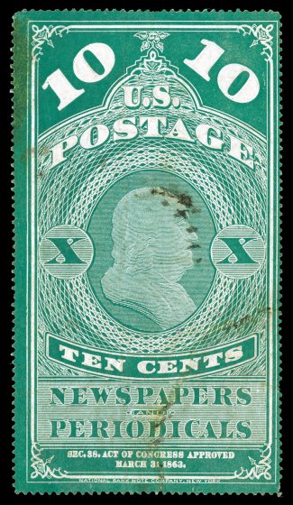 PR2, 10c Blue green, cancelled with a very light and unobtrusive black handstamp, intact perforations all around, neatly repaired at top left and bottom right, small thin
spots, fine appearance 2005 PF certificate.