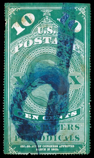 PR2, 10c Blue green, blue brush stroke P cancel, various faults including a small repair at top left, fine appearance 2005 PF certificate.