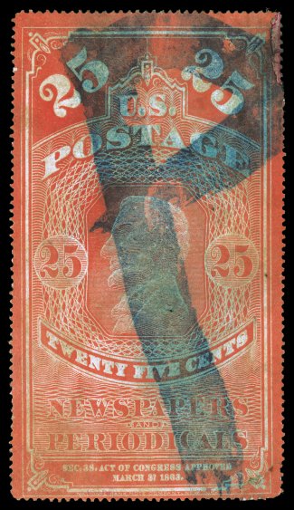 PR3, 25c Orange red, blue brush stroke P cancel, repaired at top right and bottom right, a few other minor faults, fine appearance.