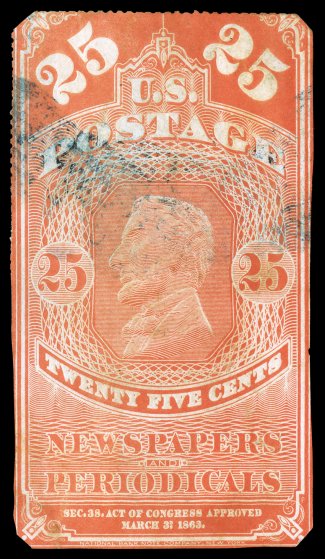 PR3, 25c Orange red, light blue brush stroke cancel, perforations mostly trimmed away and clipped corners, small thin, about fine appearance 2005 PF
certificate.