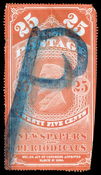 PR3, 25c Orange red, rich color, blue brush stroke P cancel, some clipped perforations, small repair at bottom right and horizontal crease, fine appearance 2005 PF
certificate.