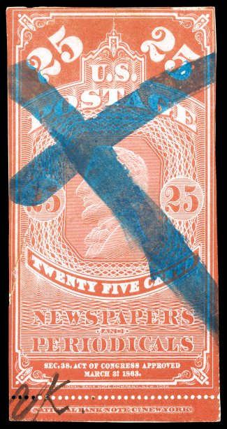 PR3, 25c Orange red, blue brush stroke X cancel and small ms. cancel at bottom left, perforations trimmed away, faults, mounted on card, presentable appearance 2005 PF
certificate.