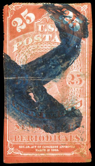 PR3, 25c Orange red, bold blue brush stroke P cancel, still attached to the original kraft newspaper wrapper, various faults including trimmed perforations, fine appearance
this is the only way to obtain on on piece example of the Twent