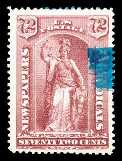 PR21, 72c Rose, a most impressive copy, being exceptionally well centered within lavishly large margins, sumptuously rich color and a crisp impression, light blue brush stroke
cancel, extremely fine 2003 PF certificate.