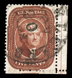 28A, 5c Indian red, Ty. I, a visually striking example of this rare stamp, being a right sheet-margin single with the straddle guide line in the selvage, nicely cut outside the
perforations at bottom to produce wonderfully balanced margins all a