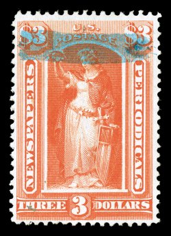 PR25, $3.00 Vermilion, vibrant color, well centered, neat blue paint brush cancel, very fine.