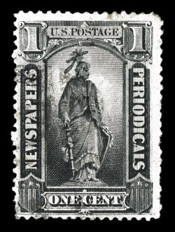 PR90, 1c Intense black, deep color and a sharp impression, light handstamp cancel, tiny faults, fine appearance the Bureau newspaper stamps are rarely encountered used one of
only two used copies certified by the Philatelic Foundation 200