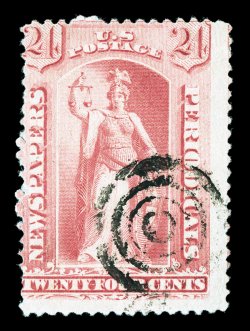 PR96, 24c Pink, characteristic pastel color, neat target cancel, small corner crease and tiny surface scrape, neither of which are important considering this stamps immense
rarity, fine we can find no other used example of PR96 in any of th