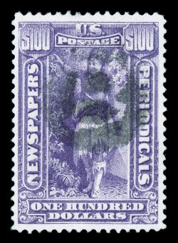PR113, $100.00 Purple, exceedingly well centered within large margins, deep vibrant color, negative B handstamp cancel, extremely fine a terribly rare stamp to find used,
especially in this stellar quality 1994 PSE certificate.