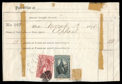 PR15-16, 10c Black, 12c Rose, single of each tied to Post Office receipt by c.d.s. and quartered cork postmarks, receipt dated March 10, 1876, vertical file creases not
affecting stamps, some mounting tape stains, fine the 1875 Issue is especia