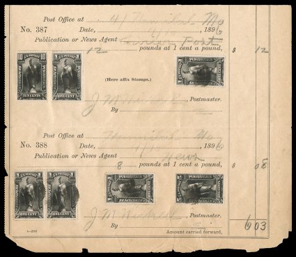 PR114-16, 1c-5c 1895-97 Newspaper Issue, five 1c and one each 5c and 10c tied or cancelled by cork cancels on Hannibal, Mo. Post Office partial ledger page date 410 1896,
similar to the above lot and just four days later, fine.