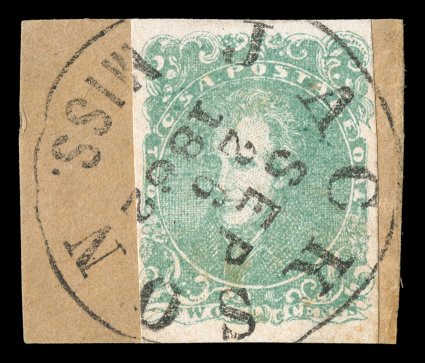 3, 2c Green, tied to piece by nearly full strike of a Jackson, Miss. c.d.s. dated Sep 26, 1862, four ample to mostly large margins, rich color, a couple minute age spots at
bottom right, very fine clear 2001 CSA certificate.