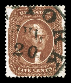 30, 5c Orange brown, Ty. II, a highly desirable copy of this very scarce used stamp, possessing extravagantly wide margins and being marvelously well centered within them, plus
its color is uncommonly rich and fresh, while its impression is deep