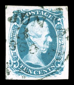 9b, 10c Gray blue, a marvelous example of this scarce stamp, possessing four large balanced margins, rich luxuriant color in the scarcer Gray blue shade, sharp detailed
impression on fresh white paper, neatly cancelled by a light c.d.s. with 186