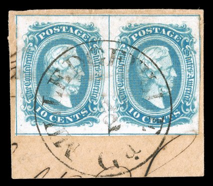 10, 10c Blue Frame Lines, a visually striking used horizontal pair, neatly tied to piece by complete Milledgeville, Ga. c.d.s., full frame lines on three sides, about half the
frame line present at right, plus it features and uncommon overall fr