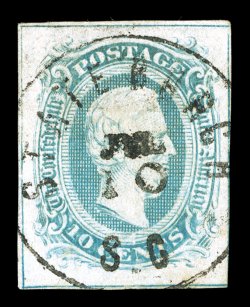 10b, 10c Greenish blue, Frame Lines, three large margins showing the complete frame lines, right margin mostly ample, just into the frame line at bottom, attractive bright
color, light Stateburgh, S.C. c.d.s., tiny internal paper wrinkle, extrem