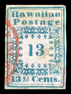 3, 13c Blue Missionary, Hawaiian Postage, Type I, a most attractive appearing copy, uncommonly strong color and impression, bright red Honolulu town cancel, the four balanced
margins have been mostly added and with some of the frame lines an