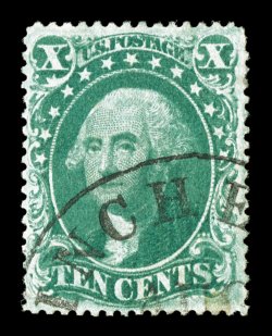34, 10c Green, Ty. IV, position 64L, recut at top and bottom, which is the scarcest of the recuts and occurs on just one position, excellent centering within larger margins than
typically found, bright color, neat town c.d.s., extremely fine 19