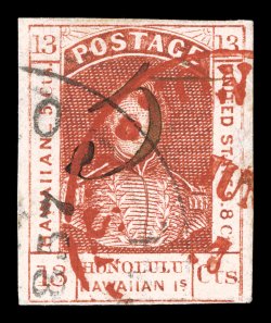 7, 5c on 13c Dark red, manuscript 5 provisional issue, an especially desirable example of this rare provisional, full to mostly large margins all around, exceptionally rich
color, wonderfully cancelled by both a red Honolulu and black San Fran