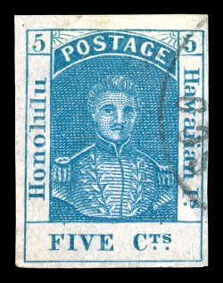 9, 5c Blue on thin bluish wove paper, a highly select used example, with large to extra-large margins all around, extraordinarily bright and fresh, light face-free San
Francisco c.d.s., extremely fine actually quite rare in this premium used qu