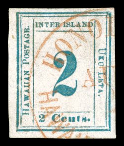 13, 2c Light blue on bluish white, Plate 3-A, Type V (position 5), a beautiful example of this rare Numeral, featuring lavishly large margins all around, strong color and an
excellent impression, cancelled solely by a red Honolulu c.d.s. which i